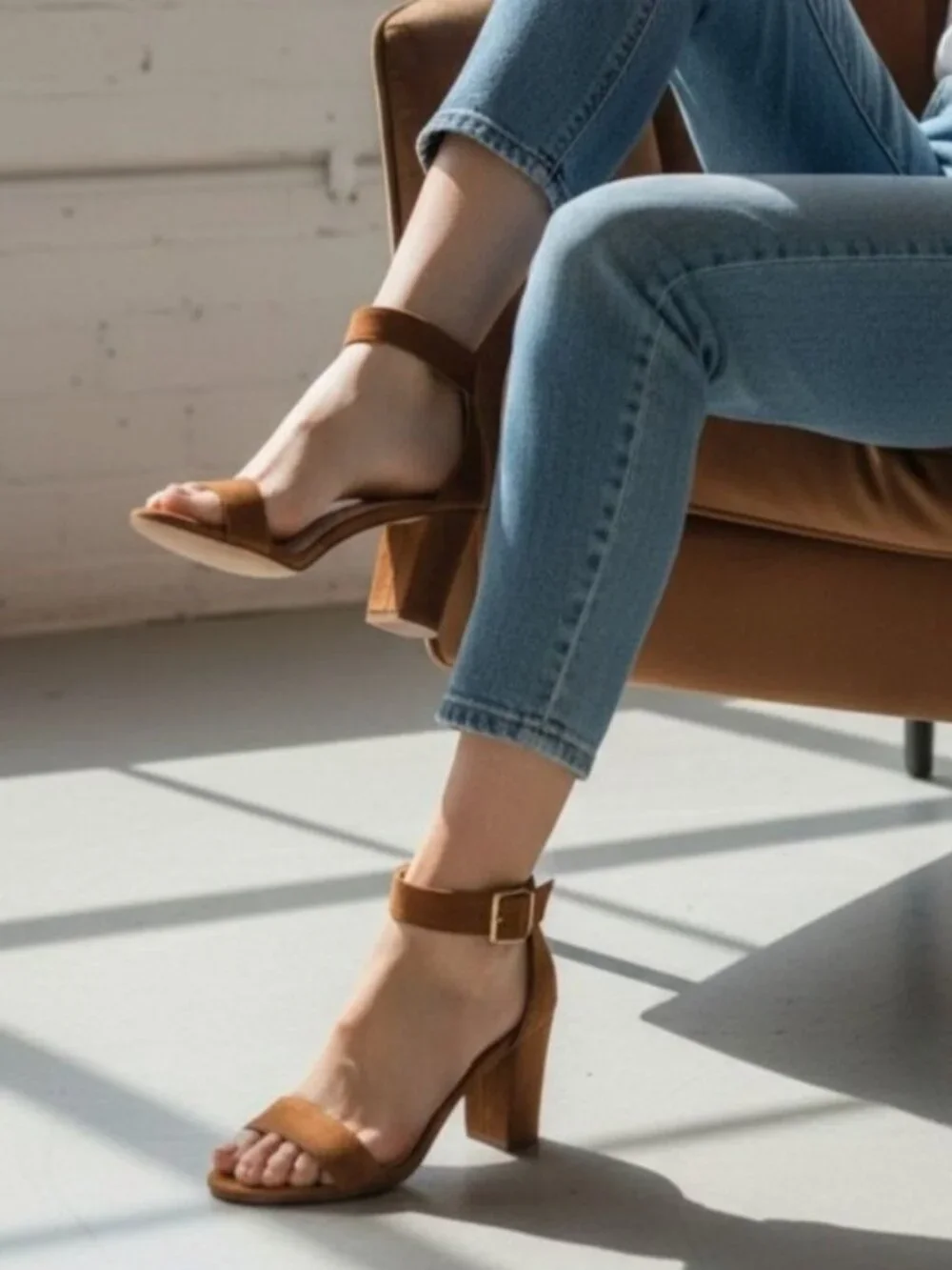 Tan Faux Suede Block Heel Sandals With Adjustable Ankle Strap Open Toe Design Wo